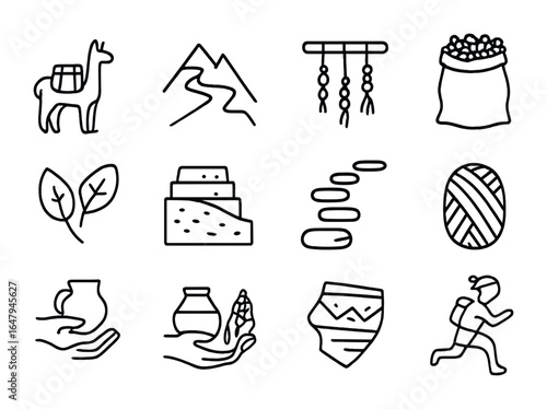 Incan Trade Icons. Outline icon set of Incan trade routes: llama pack, mountain path, quipu string, maize sack