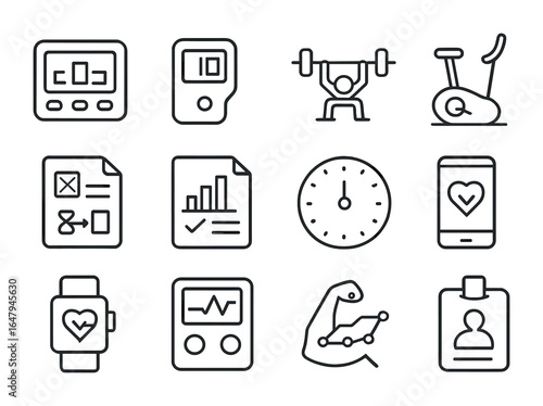 Gym Activity Icons. Outline icon set of gym activity monitoring: treadmill panel, rep counter, bench press,