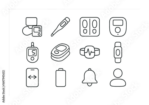 Health Gadgets Icons. Outline icon set of health monitoring gadgets: blood pressure cuff, digital thermometer,