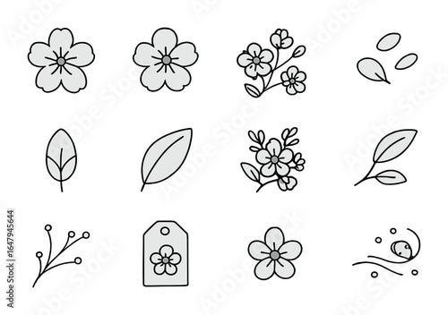 Spring Blossom Icons. Outline icon set of spring blossom design elements: cherry blossom, apple flower,