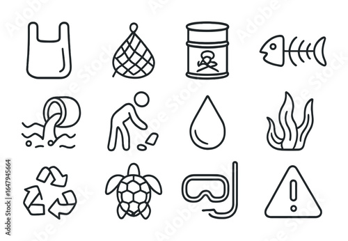 Ocean Pollution Icons. Outline icon set of ocean pollution awareness: plastic waste, ghost net, toxic barrel,