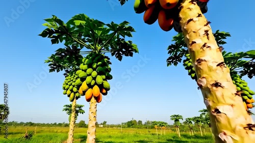 Papaya plantation landscape with clear blue sky background for food and agriculture theme, fruit