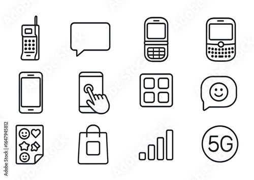 Mobile Icon Evolution. Outline icon set of mobile communication evolution: brick phone, SMS icon, flip phone,