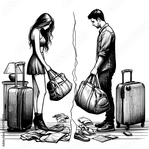 Couple separating with luggage indoors