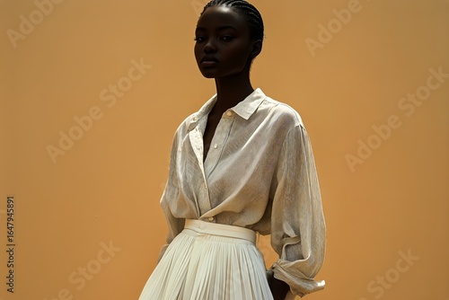 Elegant Woman Poses Gracefully in a Sunlit Room Wearing a Flowing White Outfit.