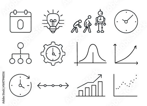 Singularity Timeline Icons. Outline icon set of singularity timeline: year marker, breakthrough icon, AI