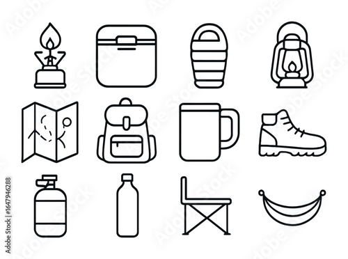 Van Life Essentials. Outline icon set of van life essentials: camping stove, portable fridge, sleeping bag,