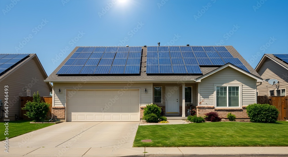 Fototapeta premium Suburban House with Solar Panels on Roof under Bright Blue Sky Green Lawn.