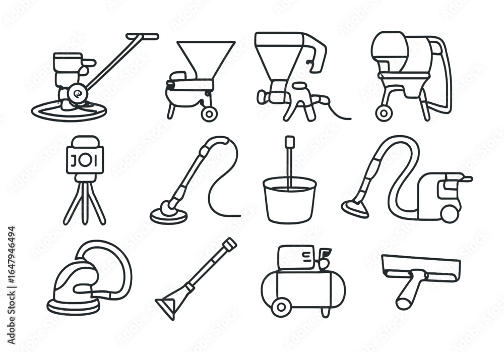 Obraz premium Plastering Equipment Icons. Outline icon set of modern plastering equipment: power trowel, texture sprayer,