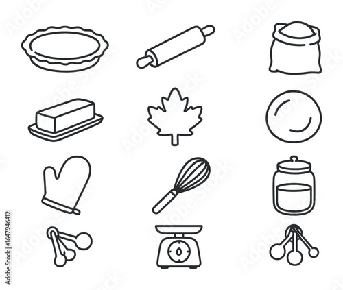 Thanksgiving Baking Icons. Outline icon set of Thanksgiving baking day: pie crust, rolling pin, pie dish,