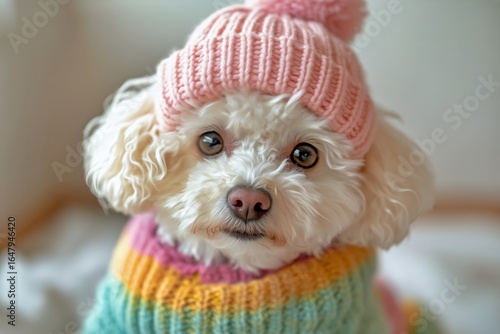 Cute Fluffy Dog Wearing a Colorful Knitted Sweater and a Pink Hat Indoors Dur...