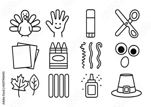 Children's Craft Icons. Outline icon set of children’s Thanksgiving crafts: paper turkey, handprint art, glue