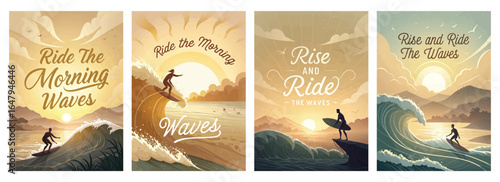 Four vintage-style illustrations featuring surfers riding waves at sunrise, evoking a sense of adventure.