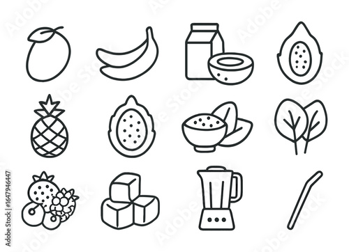 Smoothie Ingredient Icons. Outline icon set of fruit smoothie ingredients: mango, banana, coconut milk, papaya