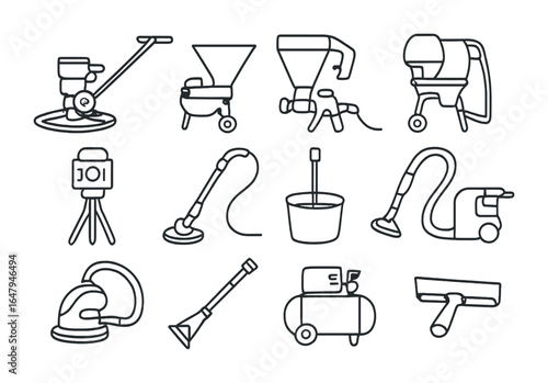 Plastering Equipment Icons. Outline icon set of modern plastering equipment: power trowel, texture sprayer,