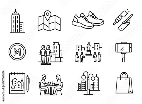 City Exploration Icons. Outline vector icons of city exploration with friends: skyscraper, city map, walking