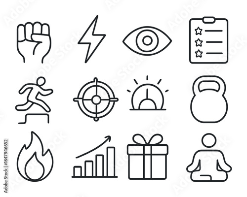 Motivation Icons Grid. Outline vector icons of motivation and discipline: clenched fist, lightning bolt, focus