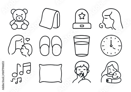 Bedtime Routine Icons. Outline vector icons of bedtime visits: teddy bear, blanket, nightlight, bedtime story,