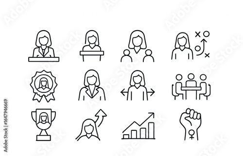 Women Leadership Icons. Outline vector icons of women in leadership: female CEO, podium speaker, team leader,