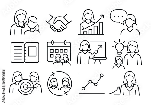Female Mentorship Icons. Outline vector icons of female mentorship: mentor figure, handshake, growth chart,
