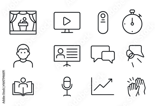 Startup Pitch Icons. Outline vector icons of startup pitch and demo: stage icon, demo screen, clicker, timer