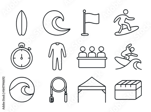 Surf Contest Icons. Outline vector icons of surfing contests: surfboard, wave icon, beach flag, surfer