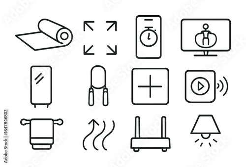 Home Gym Essentials. Outline vector icons of home jump rope setup: yoga mat, open space icon, timer app,