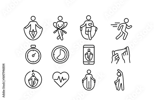 Fitness Jump Rope Icons. Outline vector icons of fitness jump rope training: double unders, cross jump, high