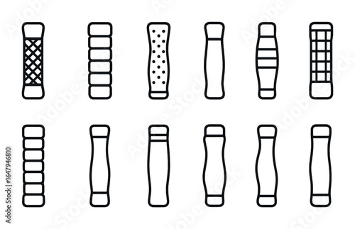 Jump Rope Grip Icons. Outline vector icons of jump rope grip styles: knurled handle, foam wrap, silicone grip,