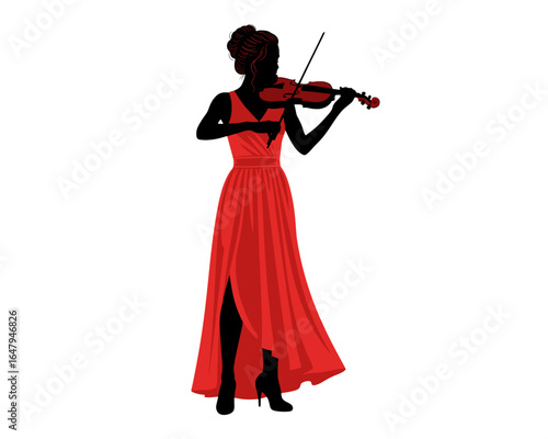 A female violinist in an elegant red gown playing the violin