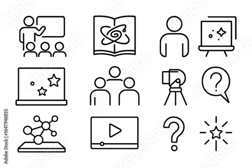 Cosmology Icons Display. Outline vector icons of cosmology outreach and education: lecture hall, science book,