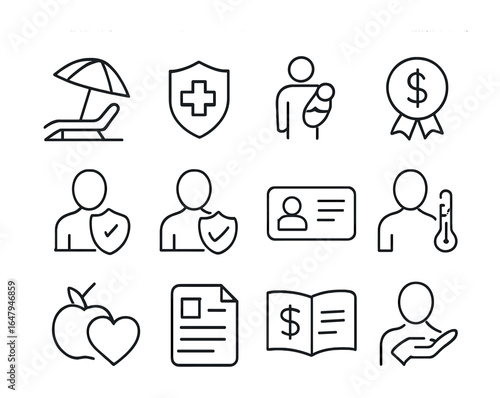 Employee Benefits Icons. Outline vector icons of employee benefits and protections: paid leave, healthcare