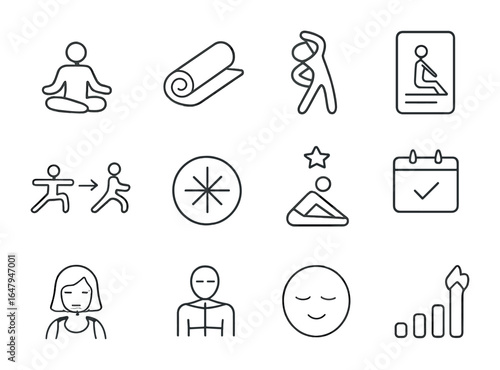Yoga App Icon Set. Outline vector icons of yoga and flexibility apps: lotus pose, yoga mat, stretch icon, pose