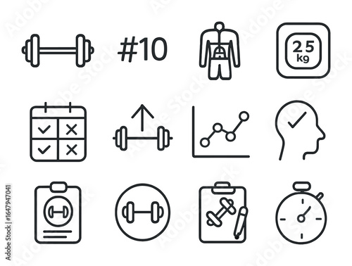 Strength Training Icon Set. Outline vector icons of strength training apps: barbell icon, rep count, muscle