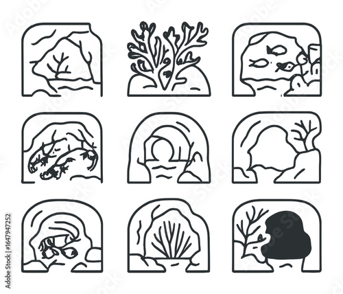 Coral Cave Icons. Outline vector icons of coral cave systems: coral overhang, soft coral branches, schooling