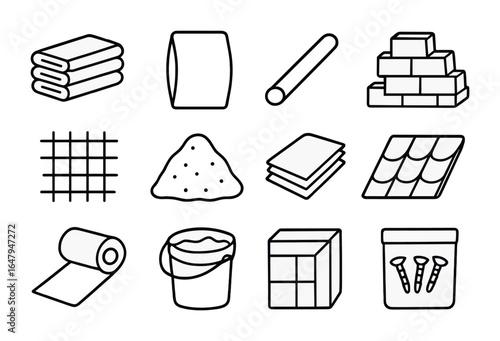 Building Material Icons. Outline vector icons of building materials and supplies: lumber stack, cement bag,