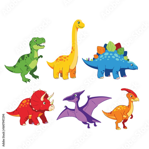 Colorful Cartoon Dinosaur Collection Tyrannosaurus Rex Brachiosaurus Stegosaurus Triceratops Pterodactyl Parasaurolophus on White Background