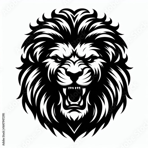 Fierce lion head roaring with open mouth and sharp teeth