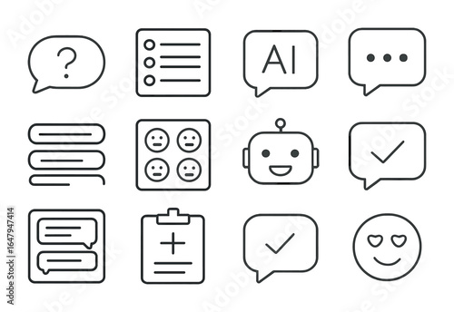 Health Chatbot Icons. Outline vector icons of health chatbot interfaces: question bubble, symptom list, AI