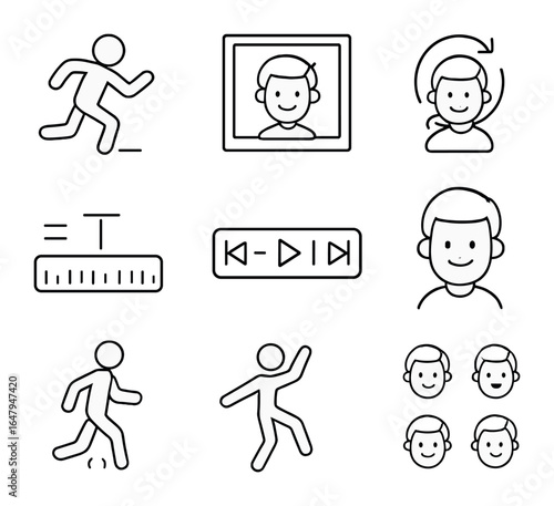 Animated Avatar Icons. Outline vector icons of animated avatars: motion pose, frame icon, looping gesture,