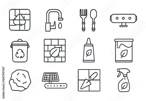 Eco Kitchen Icon Grid. Outline vector icons of eco-friendly kitchen improvements: recycled tile, water-saving