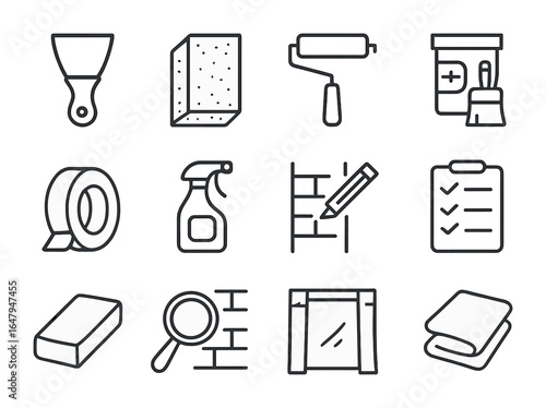 Kitchen Prep Icons. Outline vector icons of kitchen wall prep: wall scraper, sanding sponge, primer roller,