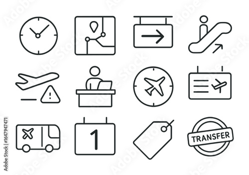 Connecting Flights Icons. Outline vector icons of connecting flights experience: layover clock, terminal map,