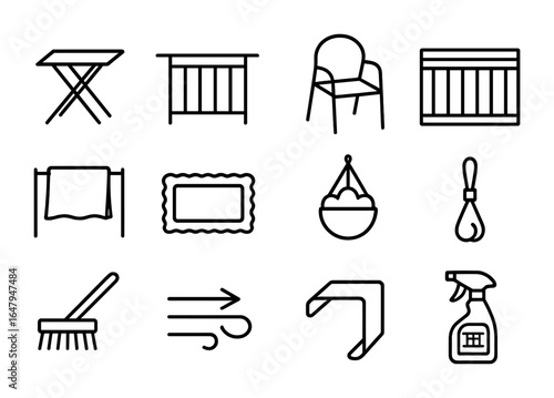 Balcony Furniture Care Icons. Outline vector icons of balcony furniture care: compact table, balcony rail,