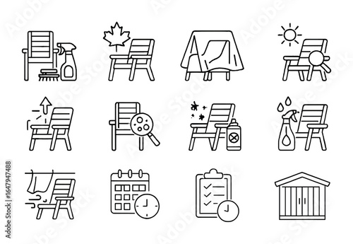 Seasonal Furniture Care Icons. Outline vector icons of seasonal outdoor furniture care: spring clean, fall