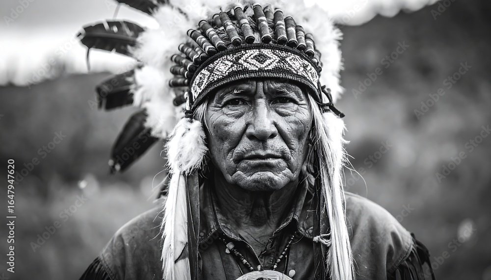 Obraz premium A grayscale portrait of a mature Native American man