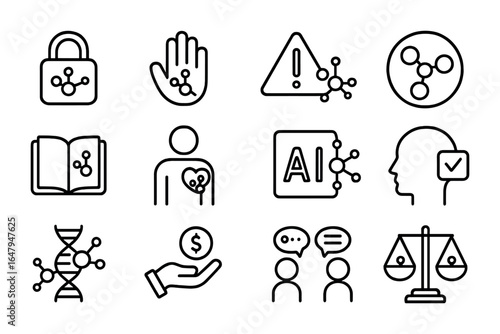 Nanotech Ethics Icons. Outline icon set of ethical issues in nanotech: data privacy, medical consent, risk