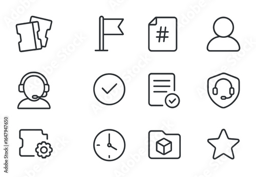 Help Desk Icons. Outline icon set of help desk operations: ticket queue, priority flag, case number, customer