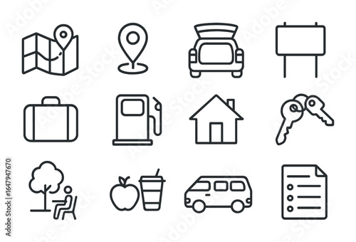 Family Trip Essentials. Outline icon set of family reunion travel logistics: road map, GPS pin, car trunk,