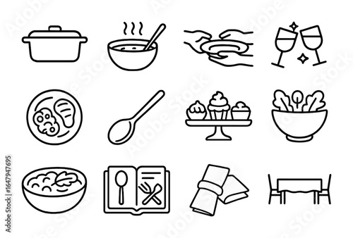 Family Meal Icon Set. Outline icon set of shared family meals: casserole dish, soup bowl, passing plate, toast